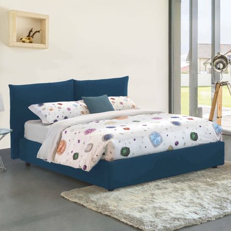 Dmora - Cama matrimonial Dbrunor, Cama contenedor con revestimiento de tela, 100% Made in Italy, Apertura frontal, con colchón Cm 160x200 incluido, Azul (1/5)