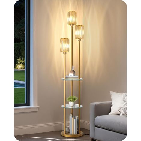 Lampada da terra in stile vintage con mensola, vetro dorato con 3 paralumi e 1 interruttore a pedale, per soggiorno, camera da letto, ufficio (1/5)