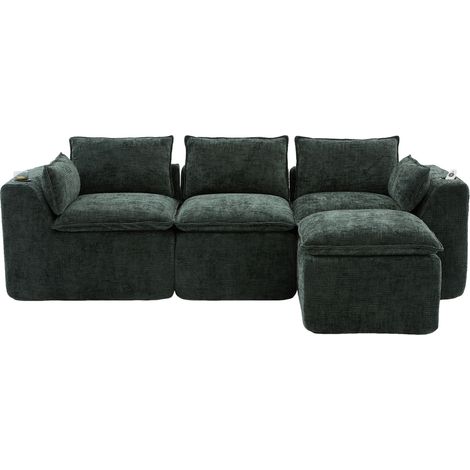Divano modulare 3 posti con pouf, cuscini, portabicchieri e tasche laterali in chenille verde scuro (1/5)