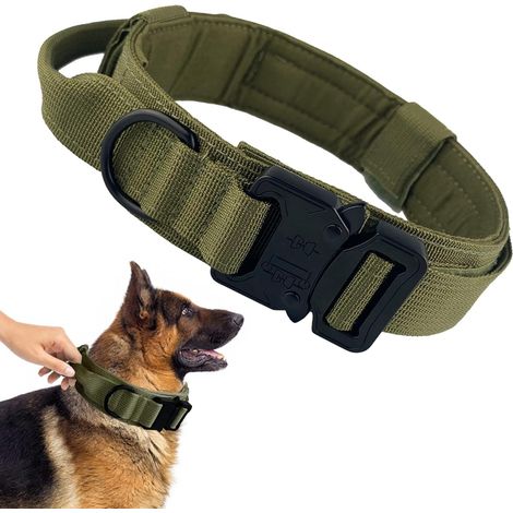Collier Militaire pour Chien avec Poignée Réglable en Nylon pour Chien de Taille Moyenne et Grande Taille avec Boucle en Métal Robuste, Collier Noir pour Chien, Taille XL 50-59CM (vert) (1/5)