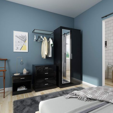 ELEGANT Bedroom Furniture Set 2 Doors Soft Close Wardrobe with Mirror + Chest Of Drawer + Bedside Cabinet High Gloss,Black,Wooden