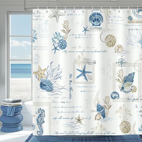 e Rideau de Douche Bleu Nautique Côtier Coquillage Océan Rideau de Bain Tissu Polyester Anti Moisissure Imperméable Lavable Rideaux Salle de Bain 180 x 180 cm avec 12 Crochets pour Baignoire (1/5)