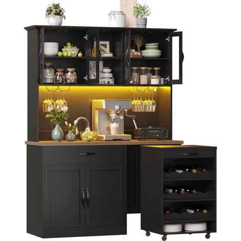140cm Küchenschrank mit Rollwagen, Hochschrank mit LED-Beleuchtung, Pantryschrank mit Weinglasregal & Weinregal, Beleuchteter Sideboard Schrank für Wohnzimmer, Esszimmer,schwarz