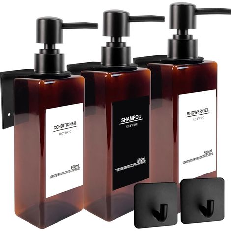 3 Pièces Distributeur Savon Mural sans Percage, Distributeur de Savon Mural avec 32 Étiquettes Imperméables, 500ml Distributeur Gel Douche Mural, Distributeur Savon Salle de Bain, Ambre Noir'Flacon Am