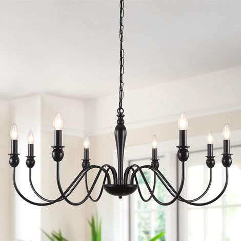 Lustre Salon Industriel Noir, 8 Lumières Classique Moderne Bougie Suspensions D'éclairage, Métal Lustre Salle à Manger Avec Douille E14, Vintage Lustres pour Chambre, Cuisine, Couloir (1/5)