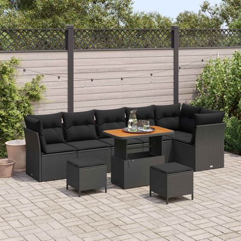 Ensemble Canapé de Jardin 9 Pièces en Résine Tressée et Acier avec Rangement Noir - PANGIVO (1/5)
