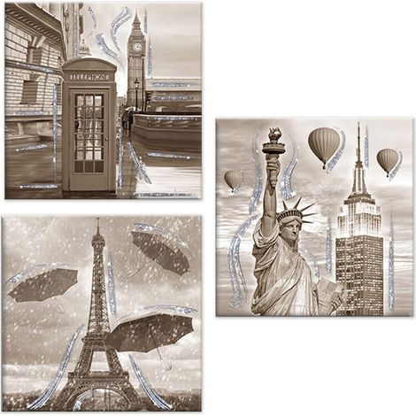 Lupia - Set 3 pezzi Quadri su tela tema citta' Canvas Day Brillant con glitter 38x38 cm CITY SHABBY (1/4)
