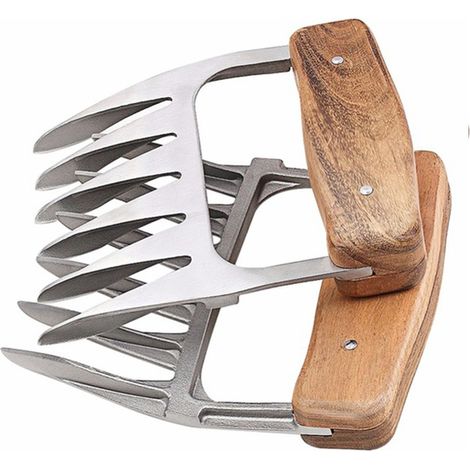 2 pinzas metálicas para carne, tenedores de acero inoxidable con mango de madera, pinzas para barbacoa para desmenuzar y asar carne.