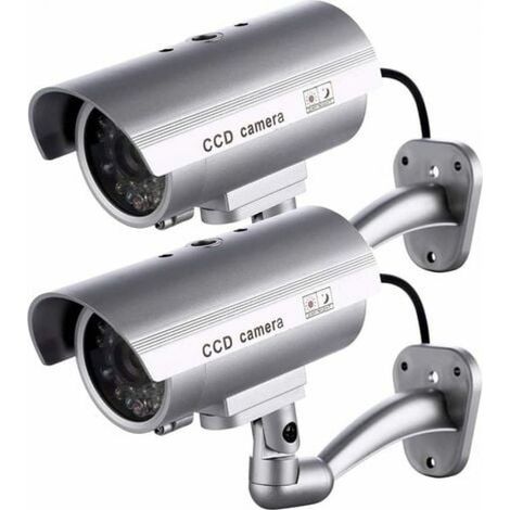 Caméra de surveillance factice en 2 parties : fausse caméra extérieure pour une utilisation intérieure ou extérieure avec LED clignotante en forme de balle (argentée) (1/4)