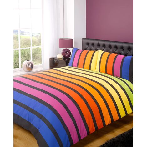 Ensemble literie Housse de Couette à Bandes Multicolores Bleu, Violet, Orange, Jaune, Vert Taille Unique Linge de lit (1/5)