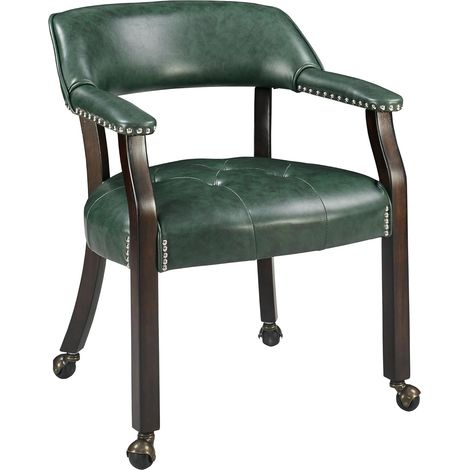 PADMA HOUSE Large Dining Chairs with Casters and Arms, Rolling Dining Chairs with Wheels, Accent Game Poker Chairs, Boss Caption's Chairs, Solid Wood Legs and Faux Leather Seat, Green XXY-1910-GN (1/5)