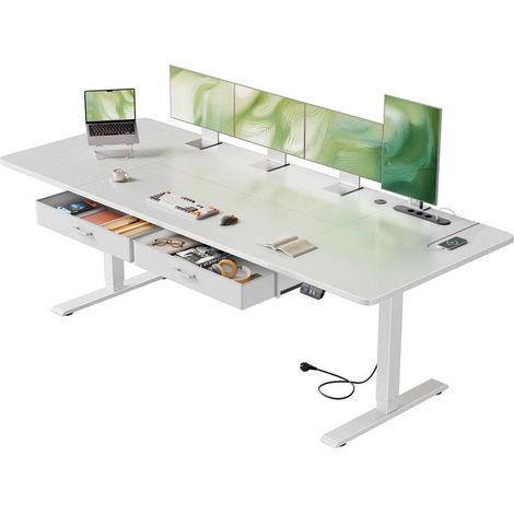 EcoFurnix Steh- und Sitzschreibtisch, 200 x 80 cm, mit integrierter Steckdose, 2 herausnehmbaren Schubladen, USB-C-Anschluss, Weiß (1/5)