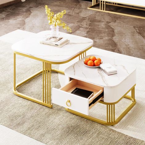 Table basse empilable : aspect marbre brillant, détails dorés, table d’appoint avec tiroirs. Ensemble de deux pièces.