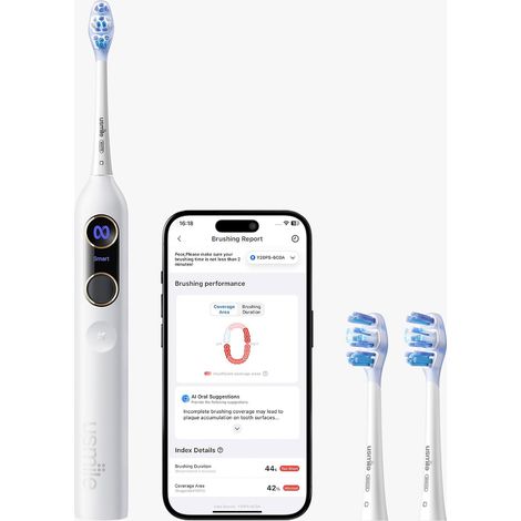 Brosse à dents électrique intelligente pour adultes, batterie de 90 jours Modes de brossage auto-adaptatifs, carte des dents 3D, alertes vocales en temps réel, 2 têtes de brosse incluses (blanc) (1/5)