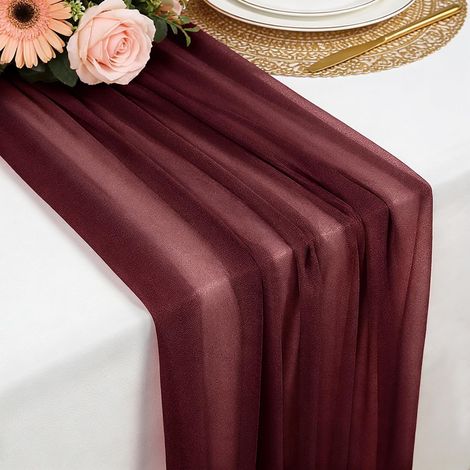 Chemin de table mousseline rouge bordeaux 77x300 cm, doux et élégant pour mariage bohème, fête, baptême, baby shower ou décoration. (1/5)