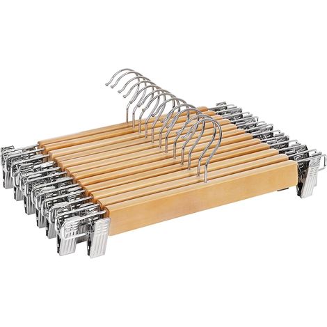 Perchas de madera para pantalones, juego de 12 con pinzas metálicas, ideales para faldas y pantalones, metal con veta natural, Ucrw008–12 (1/5)