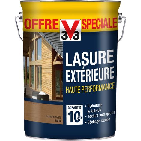 Lasure bois extérieur, haute performance 10 ans V33, offre spéciale Chêne moyen satin 5L