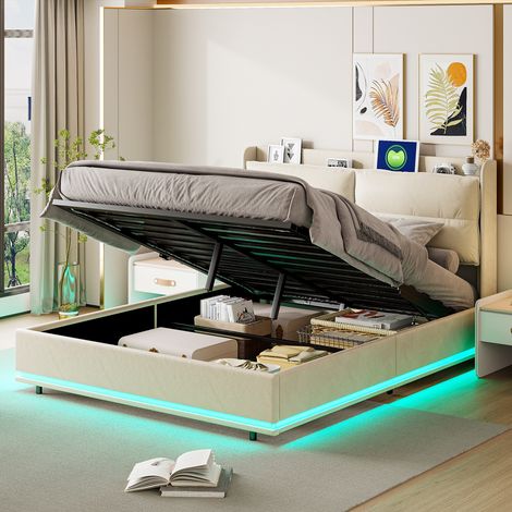 Letto contenitore matrimoniale 160x200 cm - striscia luminosa a LED sotto il letto - velluto - rete a doghe - adatto ad adulti e adolescenti - letto imbottito idraulico - Beige
