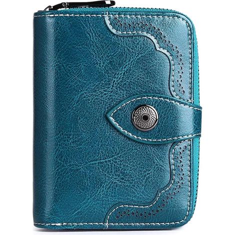 Portefeuille femme en cuir à deux volets avec blocage RFID et fermeture éclair (bleu) (1/2)