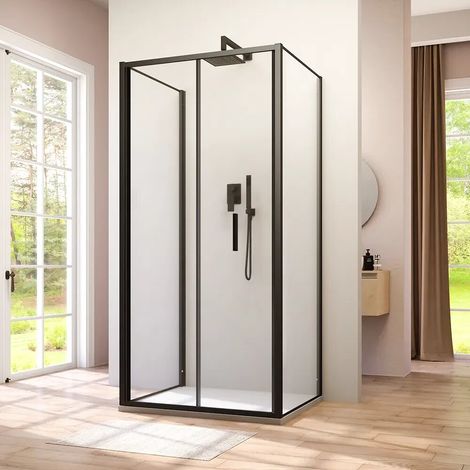 Cabine de douche trois côtés 80x75x80cm avec porte pliante profilés noir mat et verre transparent 6mm h190 Portofino (1/4)