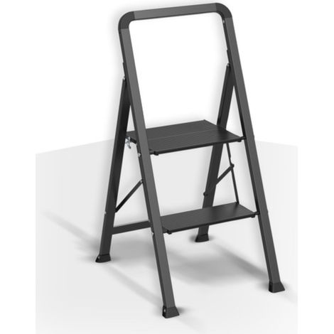 Escalera de tijera plegable de acero antideslizante de 2 peldaños - Máx 150kg (47,5x42,5x85cm) Negro mate MSV