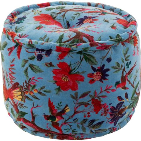 Pouf en Velours "Oiseaux Fleurs" 40cm Bleu