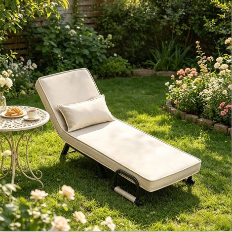 Poltrona letto 65x76x78 cm in tessuto di lino e metallo beige salvaspazio FloraGrace (1/5)