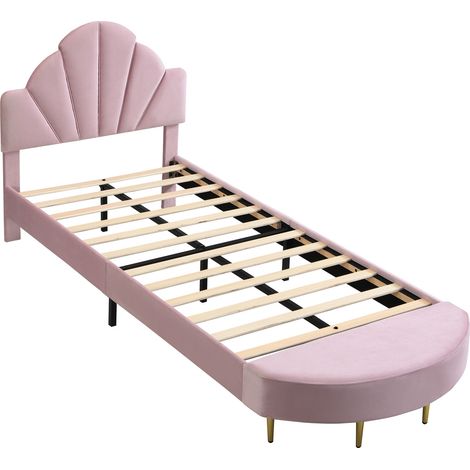Cama tapizada rosa 90 x 200 cm con cabecero de terciopelo y banco a juego (1/5)