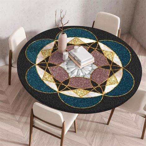 Nappe Exterieur Ronde avec Bord Élastique, Imperméable Anti Taches Lavable Polyester Nappe de Table pour Accueil Fêtes Cuisine,110cm (1/4)