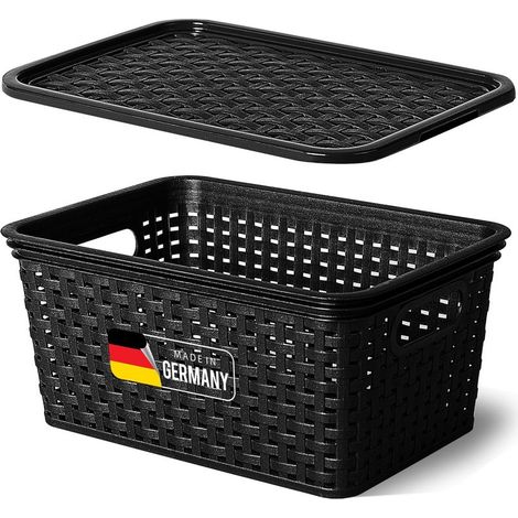 Boîte de rangement avec couvercle, petit panier 5L, noir en rotin, panier de rangement alimentaire, boîte empilable, plastique emboîtable