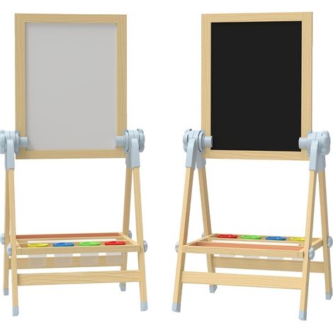 Chevalet enfant double face réglable en hauteur avec tableau noir, tableau blanc magnétique, rouleau papier et bac de rangement, bois naturel  CHICFURN (1/5)