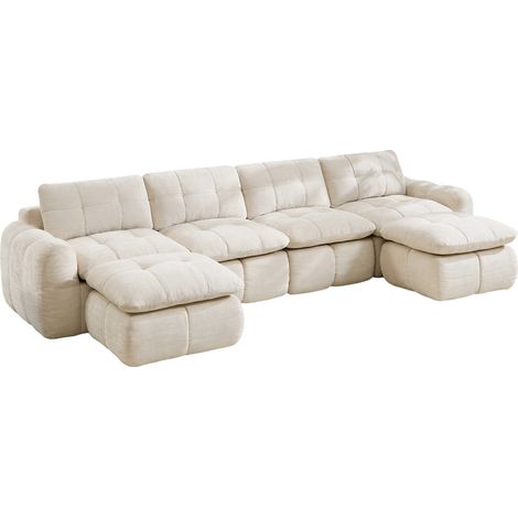 Sofá modular U de 4 plazas en chenilla beige, sin montaje, con 2 otomanas (1/5)