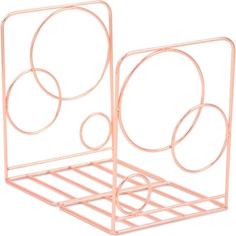 2 Serre-livres, métal, design géométrique rond, finition or rose, antidérapant, pour bureau, école, salon, bibliothèque (1/5)