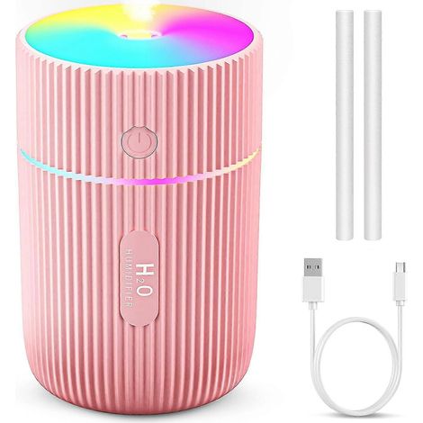 Humidificateur d'air, mini humidificateur ultrasonique, avec 2 modes de brumisation réglables, arrêt automatique et veilleuse colorée, humidificateur portable USB pour voiture et maison (rose). (1/5)