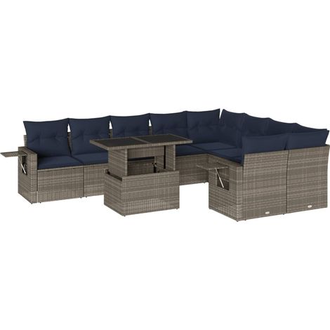 10-teiliges Gartensofa-Set mit Kissen, grau, Polyrattan vidaXL (1/5)
