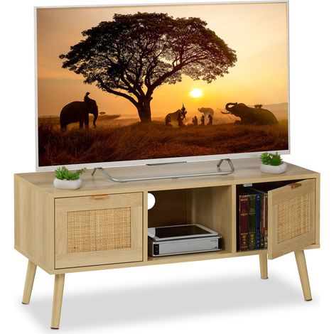 Relaxdays Mobile per TV, Design in Rattan, Mobiletto Porta Televisore ds 43'', HLP: 45,5x100x40 cm, Tavolo Basso Legno