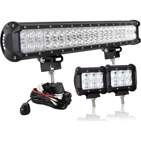 20 pouces 126W LED Work Bar à la lumière Spot International Combo avec kit de harnais de câblage+4 pouces 18W Flood Lumière de travail pour camion VTT SUV 4X4 Tracteur de bateau (1/5)