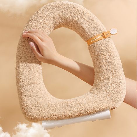 Housse de siège de toilette rembourrée, douce et chaude, coussin de siège de toilette plus épais pour la salle de bain, en tissu fibre extensible et lavable(jaune abricot avec poignée) (1/5)