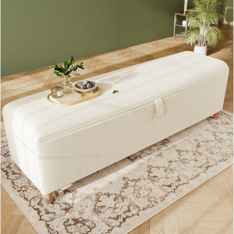 DESVIAE Lit double 140 x 200 cm avec 2 tables de chevet LED USB USB C et banc coffre hydraulique beige blanc effet chêne avec tête de lit et sommier à lattes (1/5)