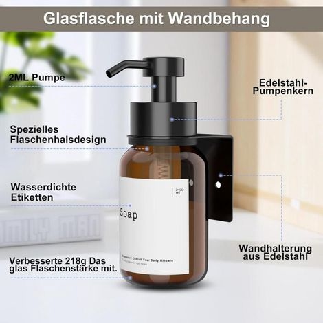 Seifenspender von Burger Design, Glaspumpenspender (2 Stück, gebürstetes Silbergrau, mit Ständer) (1/5)