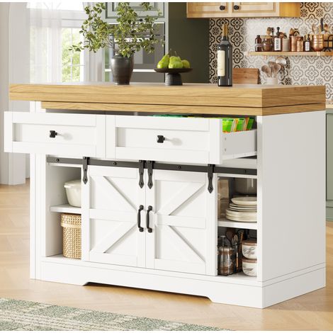 Mueble de cocina 2 en 1 con mesa extensible 120-197 cm, MDF blanco OKMYHOME (1/5)