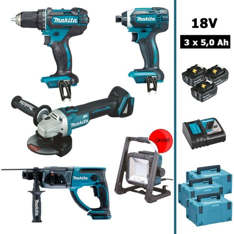 Makita – Pack de 4 outils électroportatifs 18V – Perceuse visseuse 62Nm, visseuse à chocs 165Nm, meuleuse 125mm, perfo-burineur 20mm – 3 batteries 5Ah (1/5)