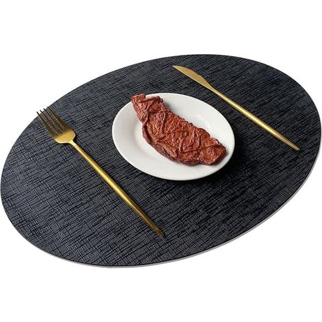Lot de 6 sets de table ovales noir et or en similicuir à motif métallique, isolants et antidérapants. Forme ovale. (1/4)