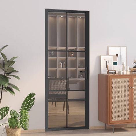 Porte intérieure 76x201,5 cm Noir Verre ESG et aluminium CFW13694 (1/5)