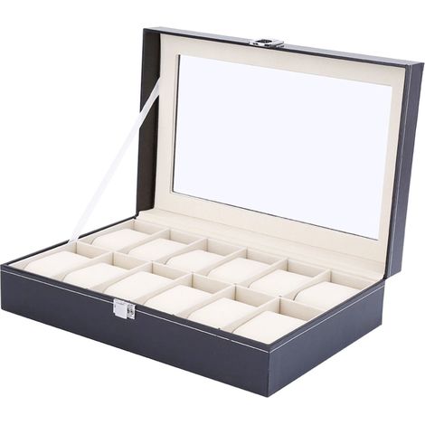 1 Boîte à montres, 12 emplacements, verre anti-rayures, bois et cuir PU, rangement maison voyage (1/5)