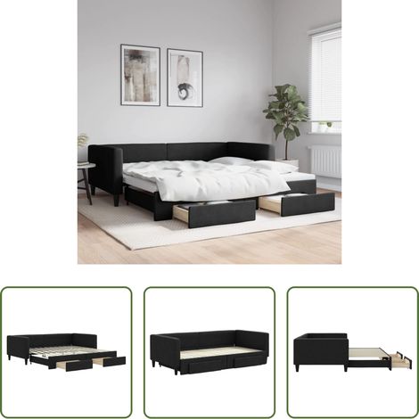 vidaXL Doppelbett - Tagesbett Ausziehbar mit Schubladen Schwarz 100x200 cm Stoff (1/5)