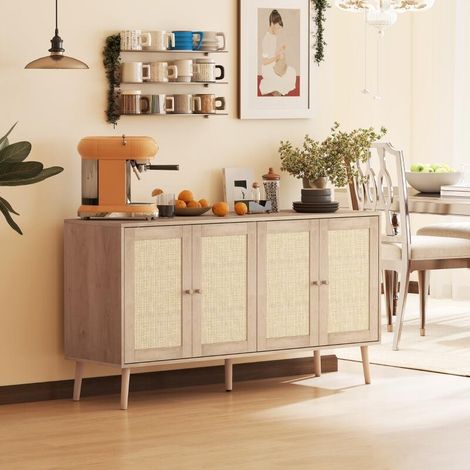 Buffet salon meuble de rangement placards à portes en cannage et étagère réglable 140 x 40 x 75 cm effet bois naturel (1/5)