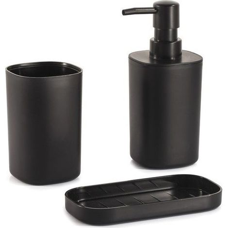 Ensemble 3 accessoires de salle de bain noir – Gobelet, distributeur de savon, porte-savon – Dimensions compactes pour rangement efficace (1/5)