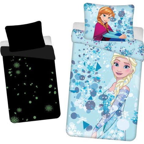 Parure de lit phosphorescente 140x200 cm, taie d'oreiller La Reine des Neiges Anna et Elsa 70x90 cm (1/5)