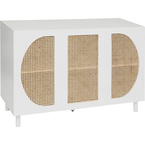 Atmosphera – Buffet 3 portes 120cm blanc – Détails en cannage de rotin – MDF et bois hévéa – Design épuré pour intérieur moderne (1/4)